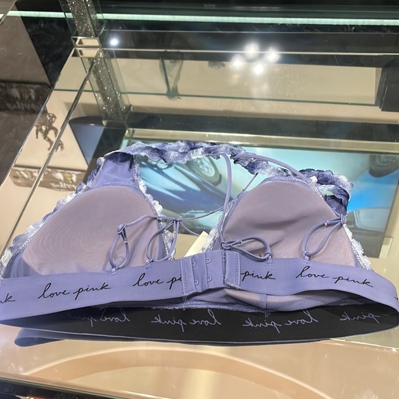 PINK Victoria's Secret Blue Dye Logo Lace Strappy Halter Bralette Bra VS - Picture 3 of 5